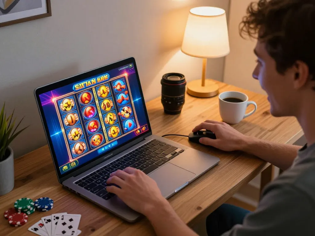 Player enjoying situs slot games on the laptop in a cozy home gaming setup.