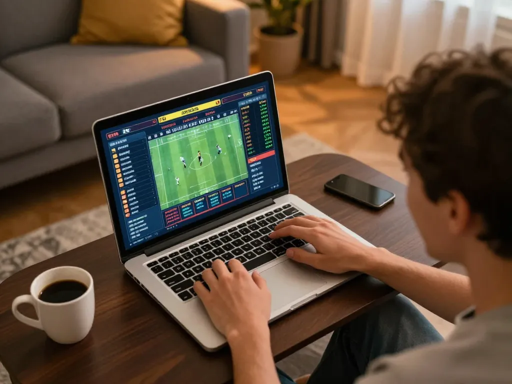 FB88 sports betting scene showing excitement as player places bets on laptop in modern living room.