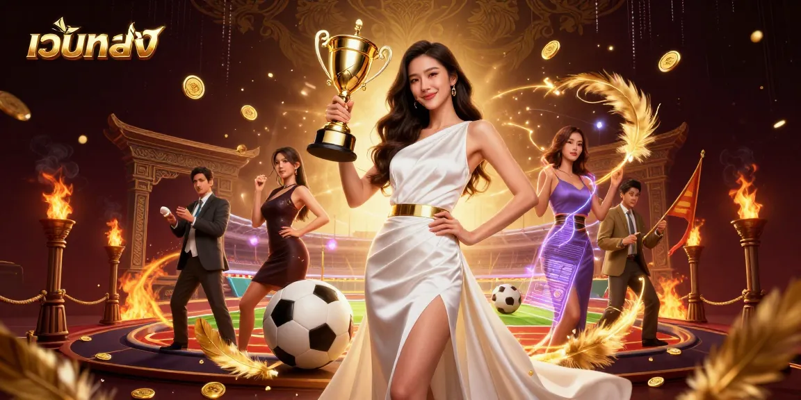 Win big with เว็บตรง in an exhilarating casino scene featuring a trophy and sports betting elements.