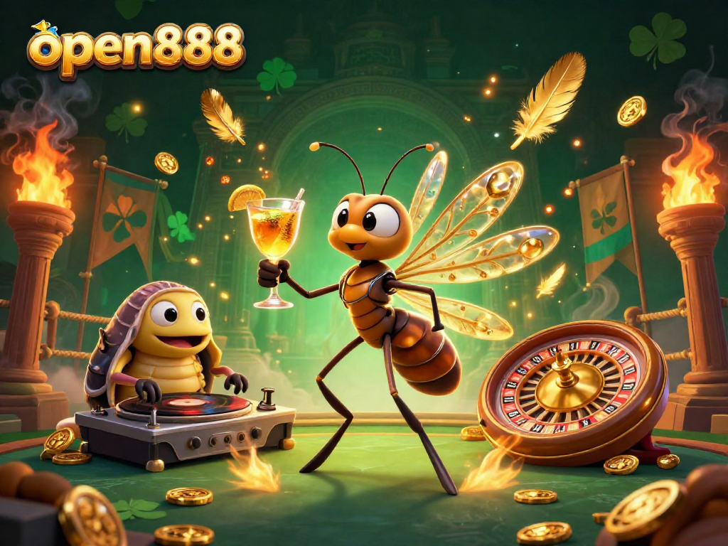 Spin your luck with open888 as a frozen mosquito mascot meets a trilobite DJ in a vibrant casino scene.