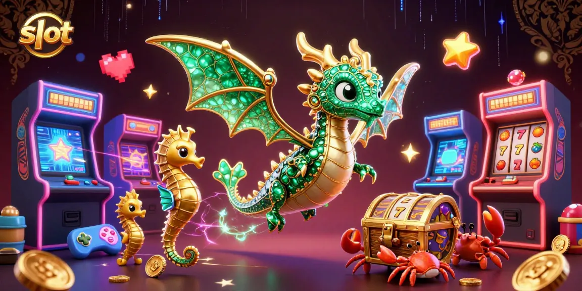 Spin the slot reels while emerald sea dragons guard your treasure in this exciting illustration.