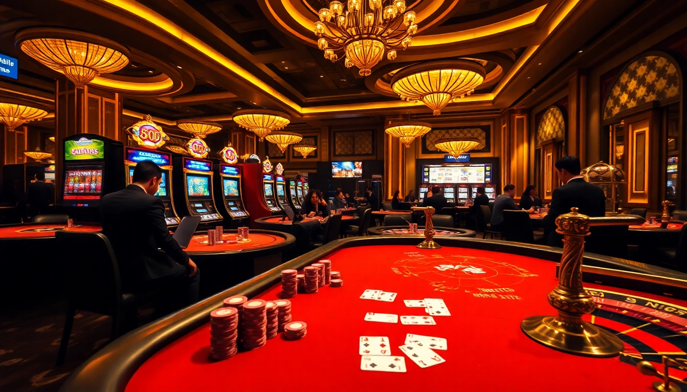Sao789 players engage in thrilling poker games with vibrant casino decor and high-stakes excitement.