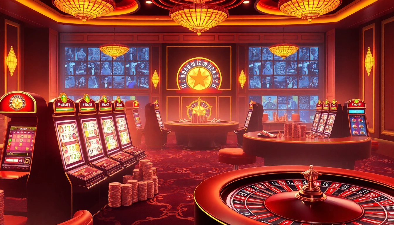 Capturing the excitement of the Batman138 platform with lively slot machines and engaged players at the table.