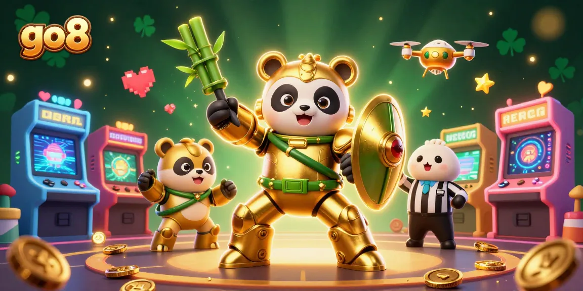 Engage in thrilling play at go8 with golden panda piloting a fighting robot amidst vibrant casino elements.