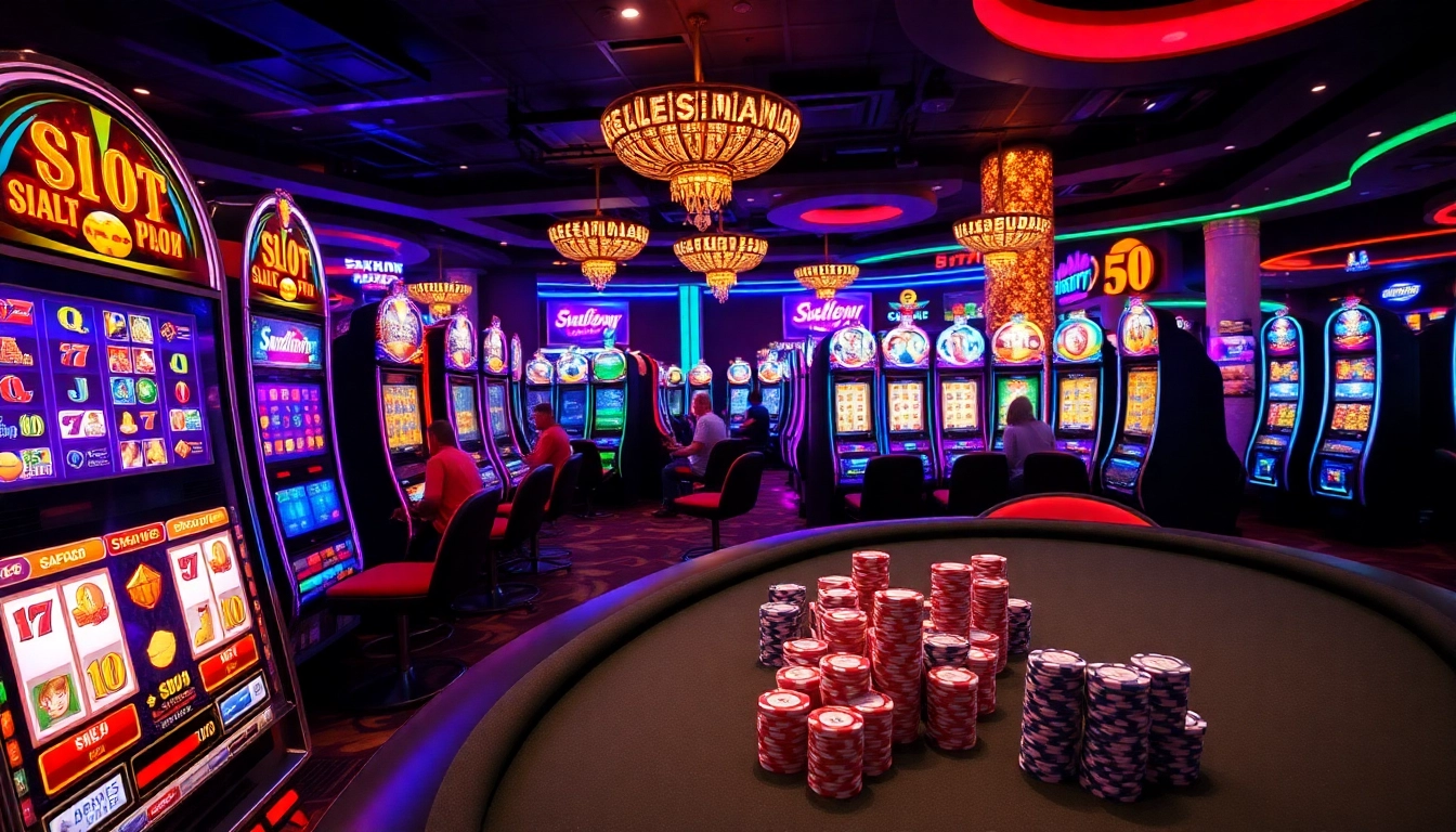 Engaging slot777 players spin vibrant slot machines in a luxurious casino environment.