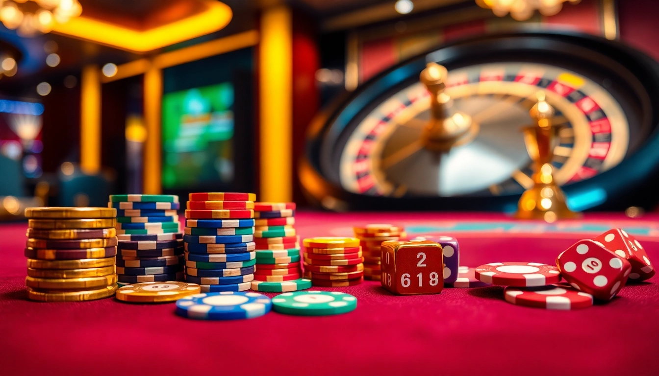 Winning players celebrating success at 13win casino with stacked poker chips and vibrant roulette wheel.