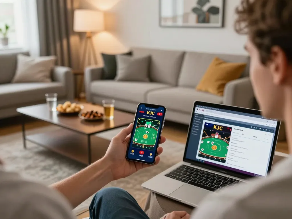 KJC player immersed in mobile gaming, showcasing poker game action in a cozy setting.