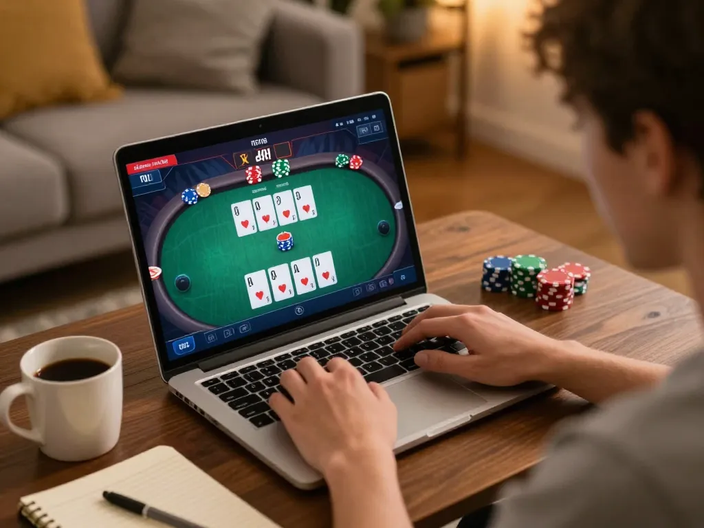 Player analyzing phtaya poker strategies on laptop in a cozy home setting with warm lighting.