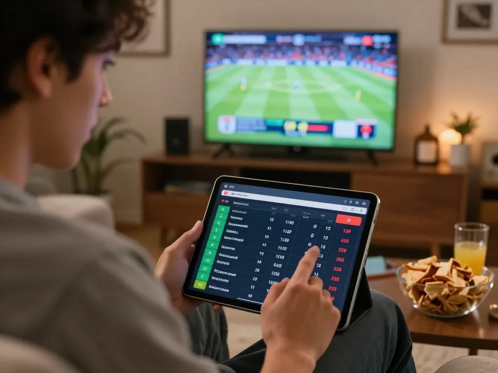 Soi kèo sports betting enthusiast analyzing odds and placing a bet in cozy home setting.