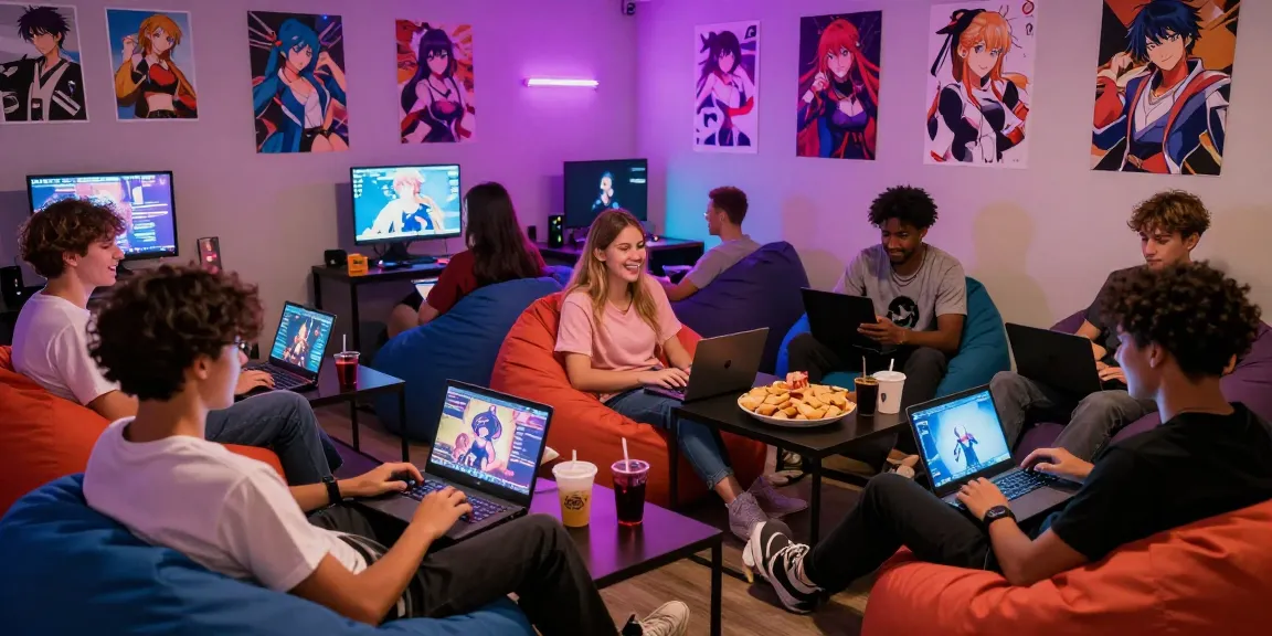 Engaged gamers enjoying ecchi games in a vibrant lounge atmosphere.