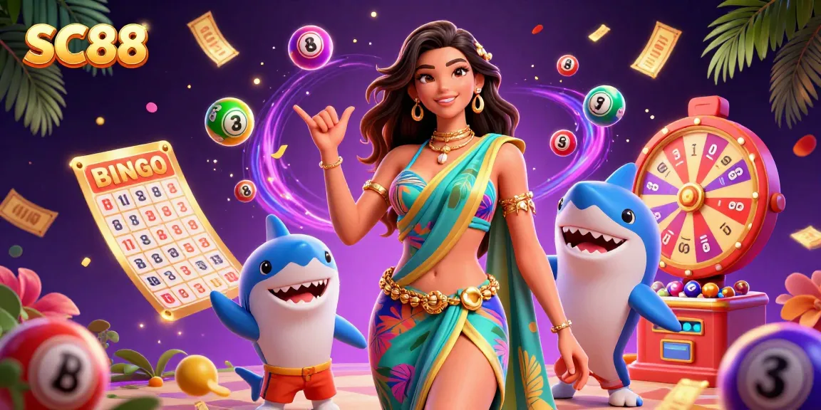 Spin the SC88 lottery prize wheel with vibrant balls, a glamorous beach goddess, and a friendly shark!