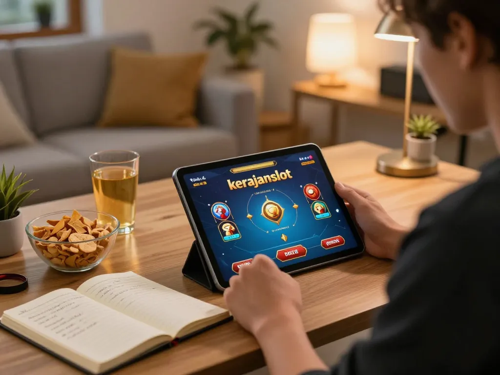 Engaging with kerajaanslot game on tablet in cozy home office, showcasing strategic gameplay and comfortable environment.