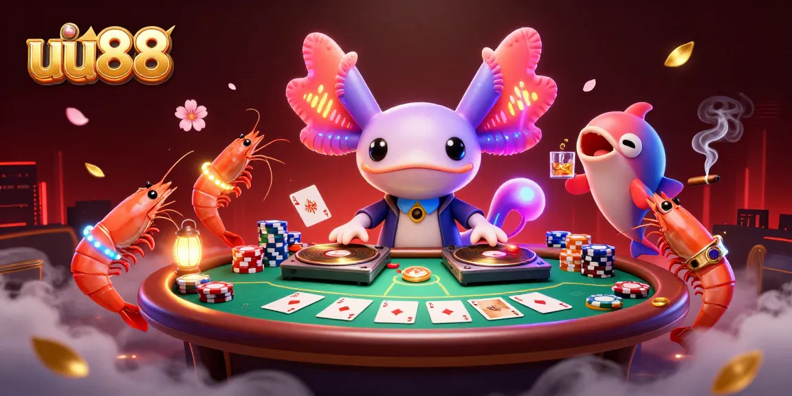 Spin the reels with uu88's vibrant casino scene featuring dynamic characters and poker elements.