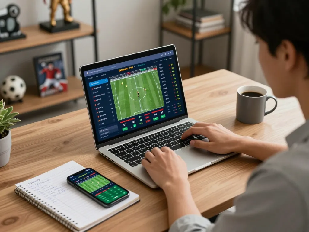 Engaging sports betting moment on laptop alongside UGDEWA app and strategic notes.