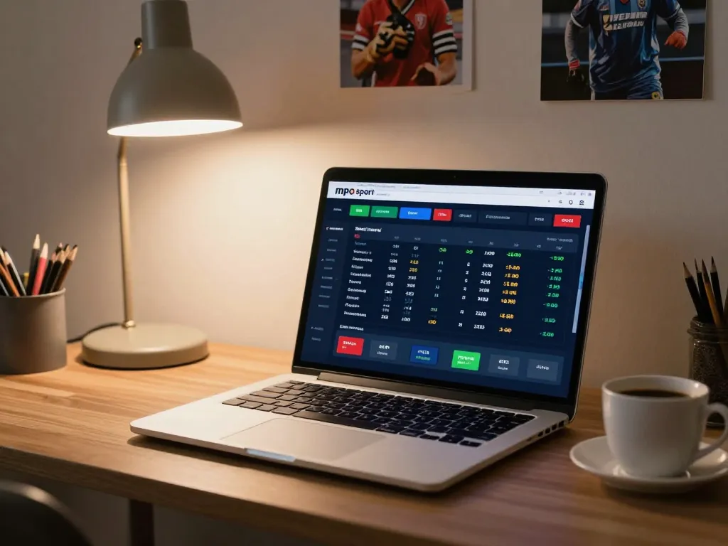 Engaging in mpo sport betting on a laptop in a stylish home environment, showcasing strategic betting options.