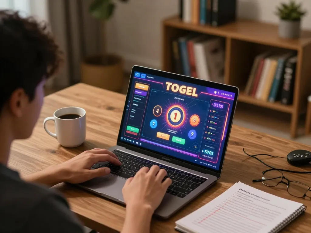 Engaged player analyzing togel online game interface on a laptop during an evening gaming session.