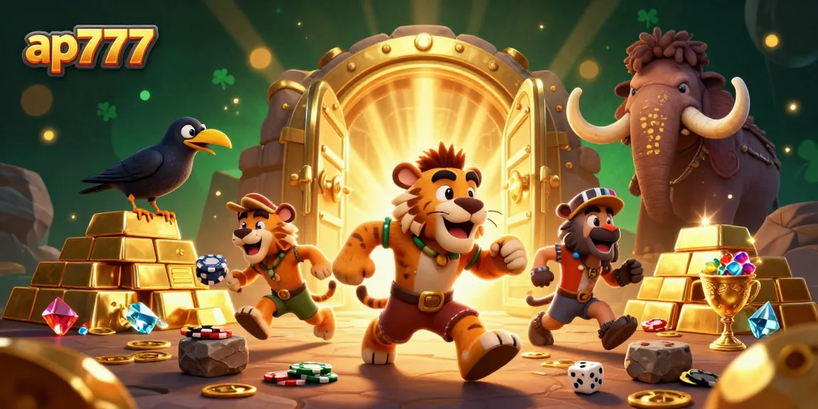 Experience the excitement at ap777's bustling casino with caveman and sabertooth characters amidst treasures.
