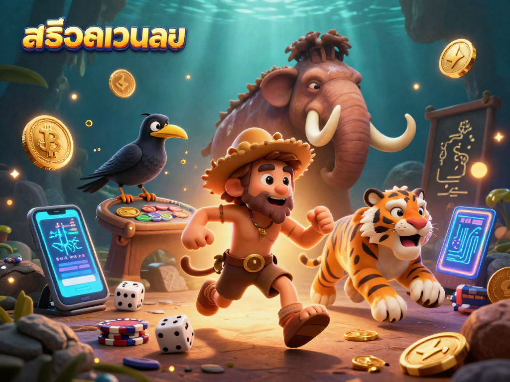 Experience the excitement of สล็อตเว็บตรง in this vivid caveman casino scene filled with crypto elements.