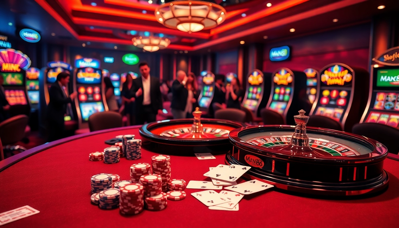 Experience the thrill of winning at Man88's luxurious casino with vibrant slot machines and poker tables.