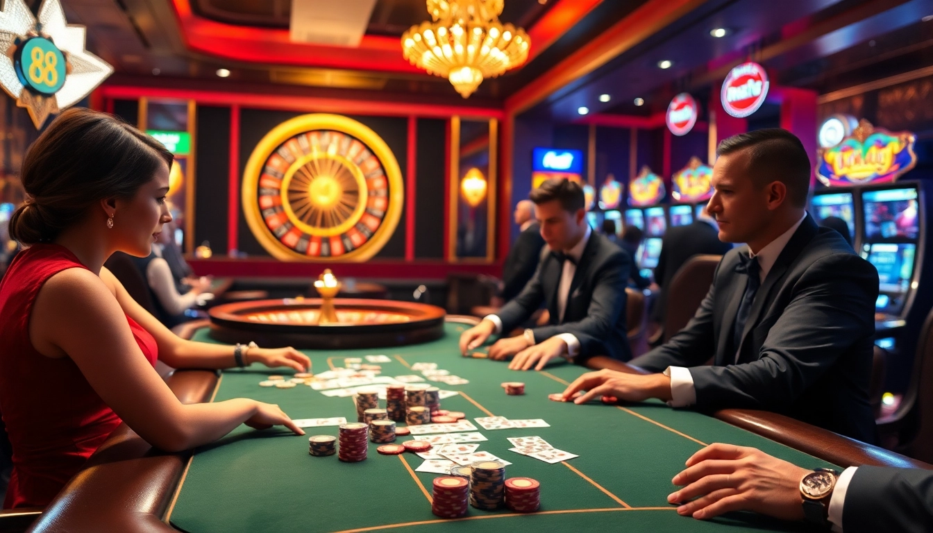 Gambling excitement at New88 with stylish poker players, vibrant chips, and a spinning roulette wheel.