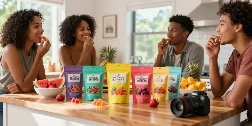 Friends enjoying Activist Edibles THC gummies in a modern kitchen setting.