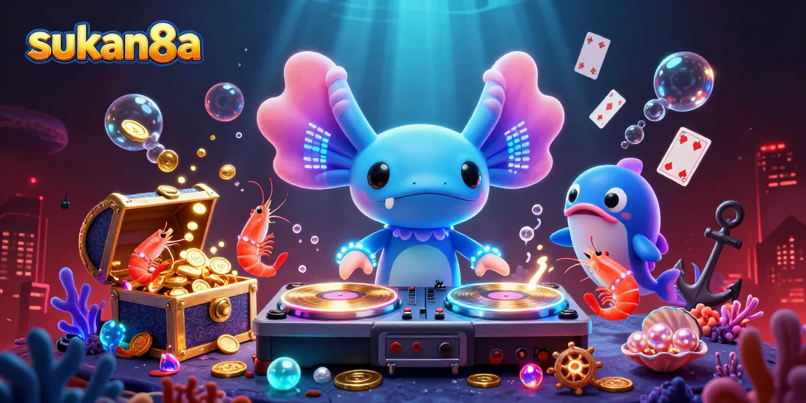 Sukan8a creates a vibrant underwater casino party atmosphere with colorful characters and playful elements.