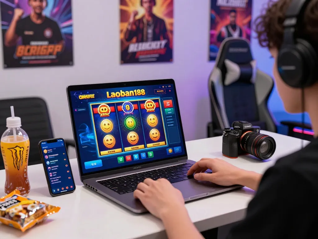 Pemain yang terlibat menikmati permainan slot online laoban188 di laptop yang ramping.
