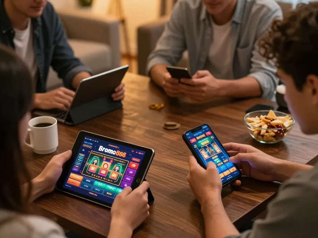 Players using the bromo888 app for exciting online gaming experiences in a cozy setting.