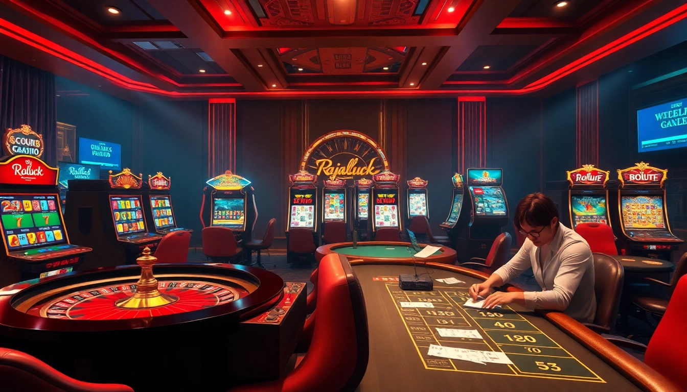 Experience the thrilling online atmosphere at Rajaluck with vibrant slot machines and a professional poker table.