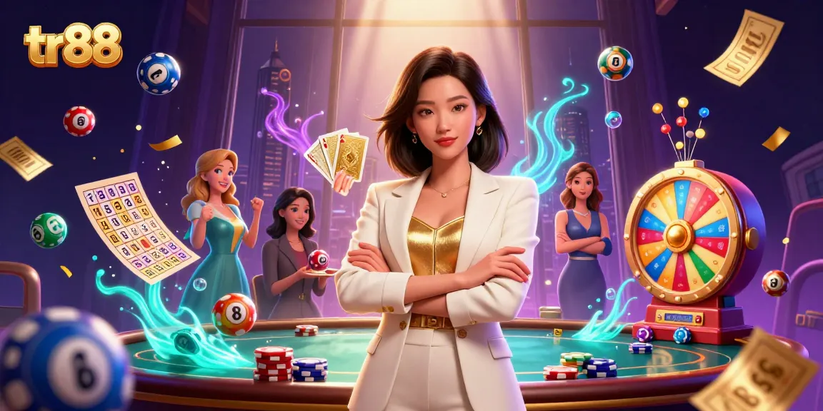 Experience thrilling gameplay at tr88 with a powerful businesswoman showcasing winning cards in a vibrant casino atmosphere.