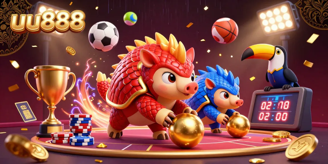 Engage in thrilling gameplay with uu888 as rival pangolins roll bowling balls through poker chips in a vibrant scene.