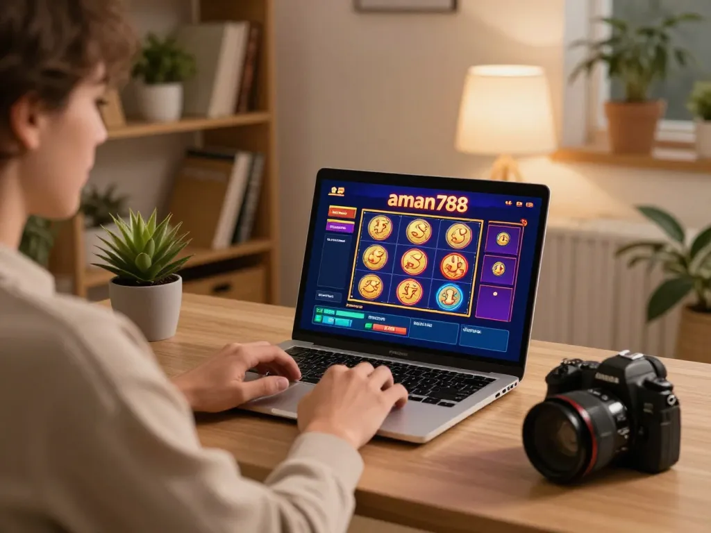 Engaging in aman788 slot online gameplay at a modern home setup with ambient lighting