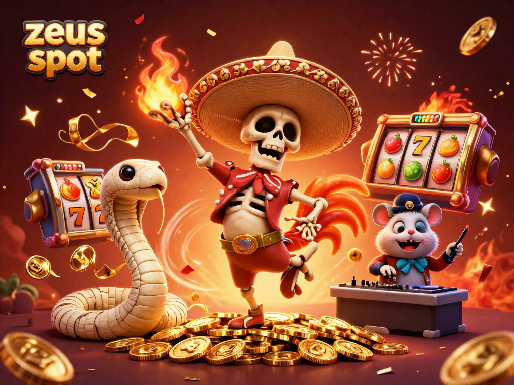 Experience the excitement of zeus slot with vibrant 3D characters celebrating on a jackpot of golden coins and slot reels.