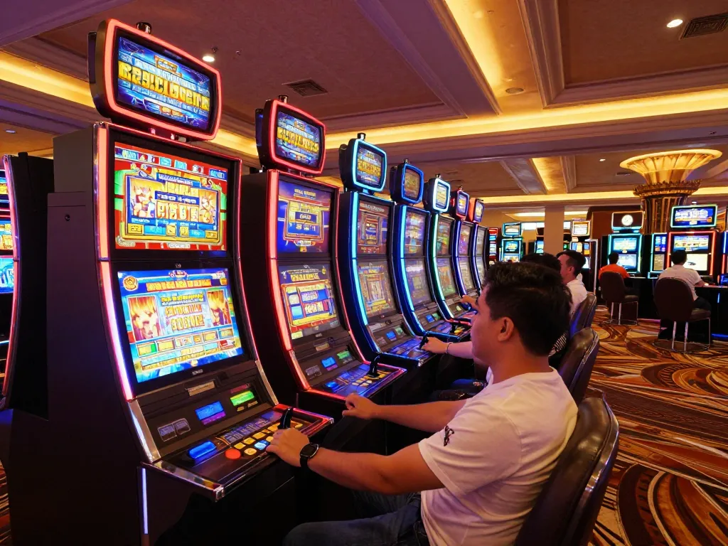 Pemain yang terlibat dengan mesin slot berwarna-warni di suasana kasino yang hidup.