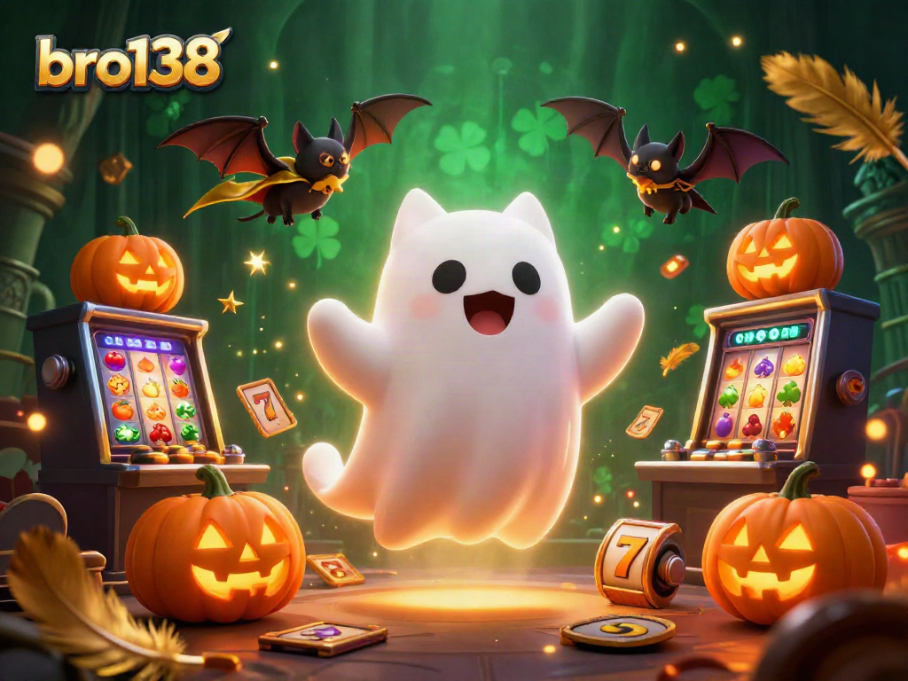 Bro138 menampilkan kucing hantu ramah di kasino angker yang penuh slot dan pajangan menarik.