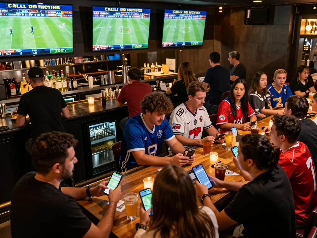 Experience F8BET sports betting excitement with patrons placing bets in a lively bar scene.