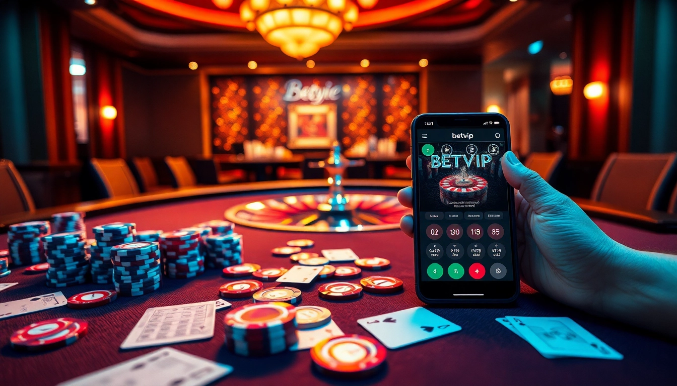 Tham gia trải nghiệm chơi game đầy kịch tính với ứng dụng betvip trên bàn casino sang trọng, đầy chip đủ màu và bộ bài.