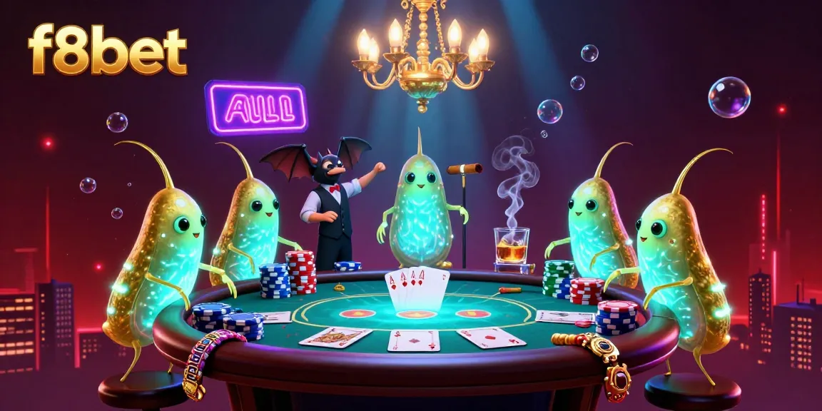 Join the excitement at f8bet with our vibrant casino scene, featuring glowworms and a bat dealer lighting up a lively poker table.