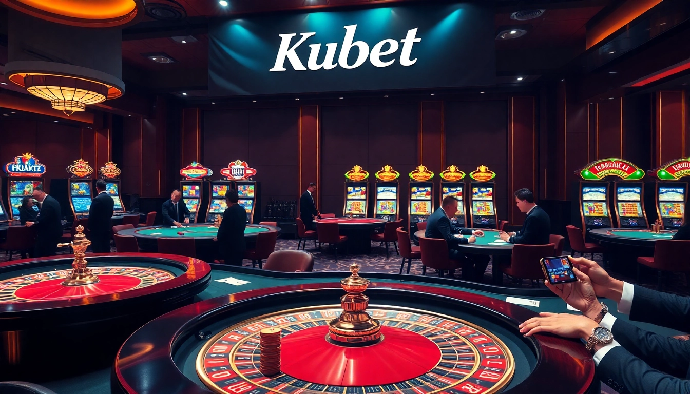 Kubet casino scene with engaged players at roulette and poker tables, showcasing the thrill of gambling.