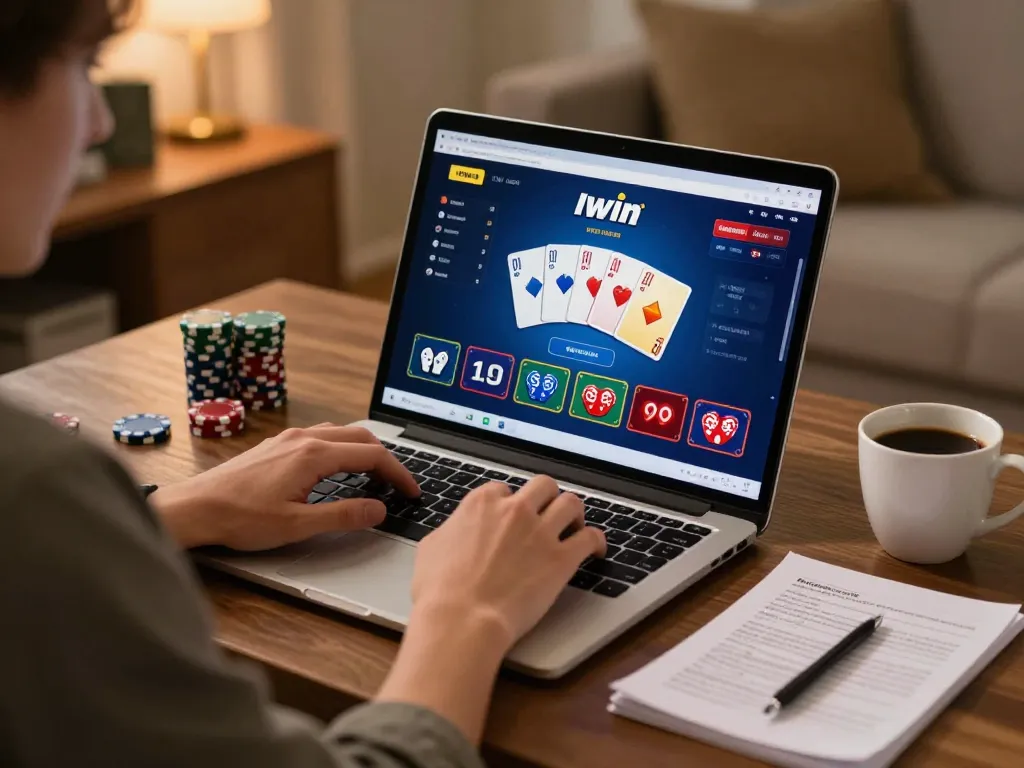 Iwin player enjoying an online poker game, immersed in strategic gameplay at home.