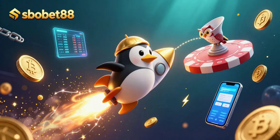 Experience sbobet88 action with a golden penguin soaring to a casino while surrounded by crypto elements.