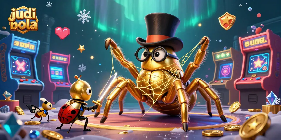 Engage in judi bola with a dynamic scene of a golden tarantula and beetle knight in a captivating casino.