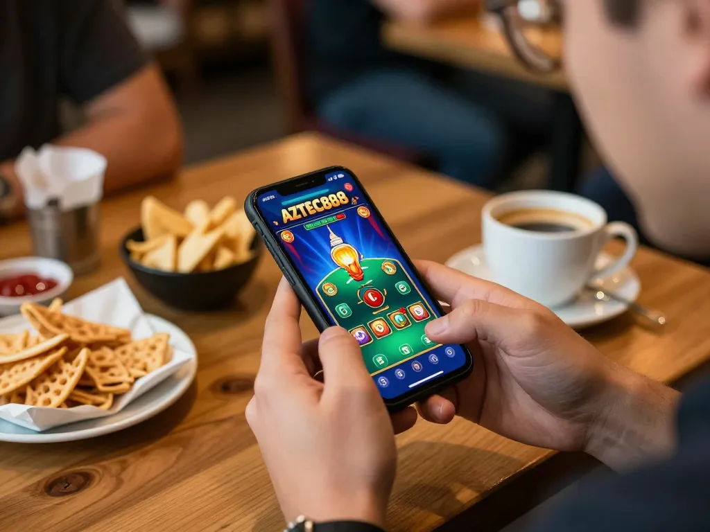 Player engaging with the AZTEC888 casino app on smartphone during an exciting gaming session.