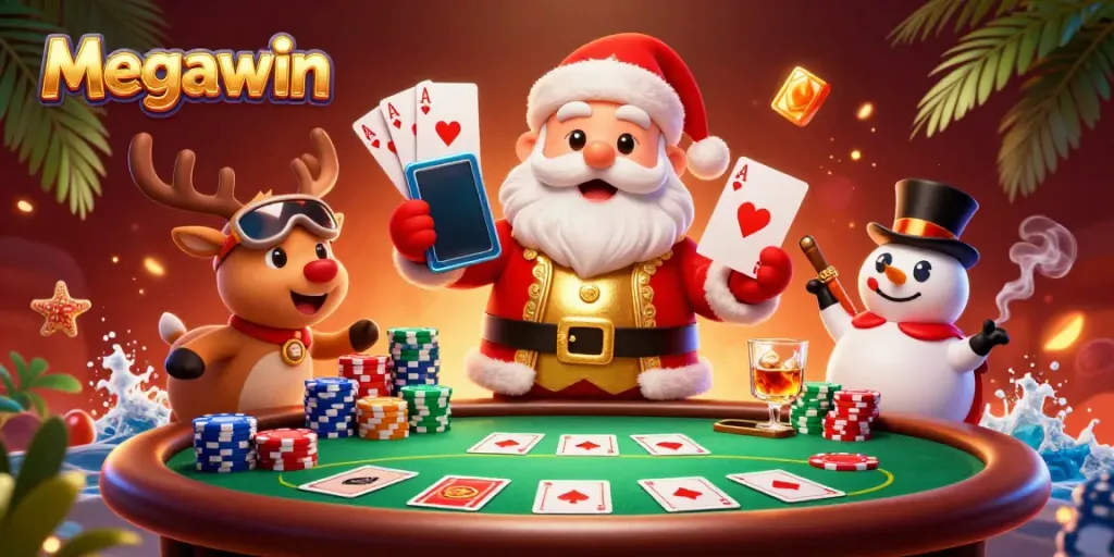 Permainan slot Megawin membawa keberuntungan dengan Santa Claus, rusa, dan manusia salju bersukacita.
