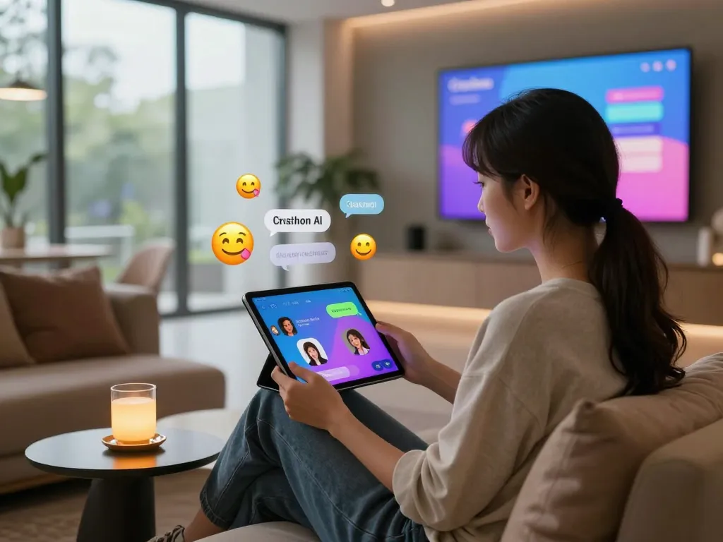 Vibrant scene showcasing a user engaging with sex chat AI, surrounded by digital elements enhancing the interactive experience.