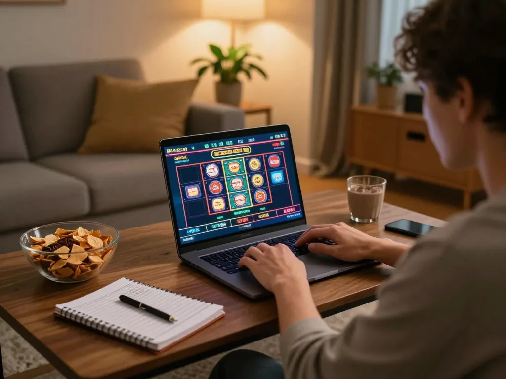 Player engaging in TG88 casino gaming at home, showcasing a cozy atmosphere and strategic mindset.