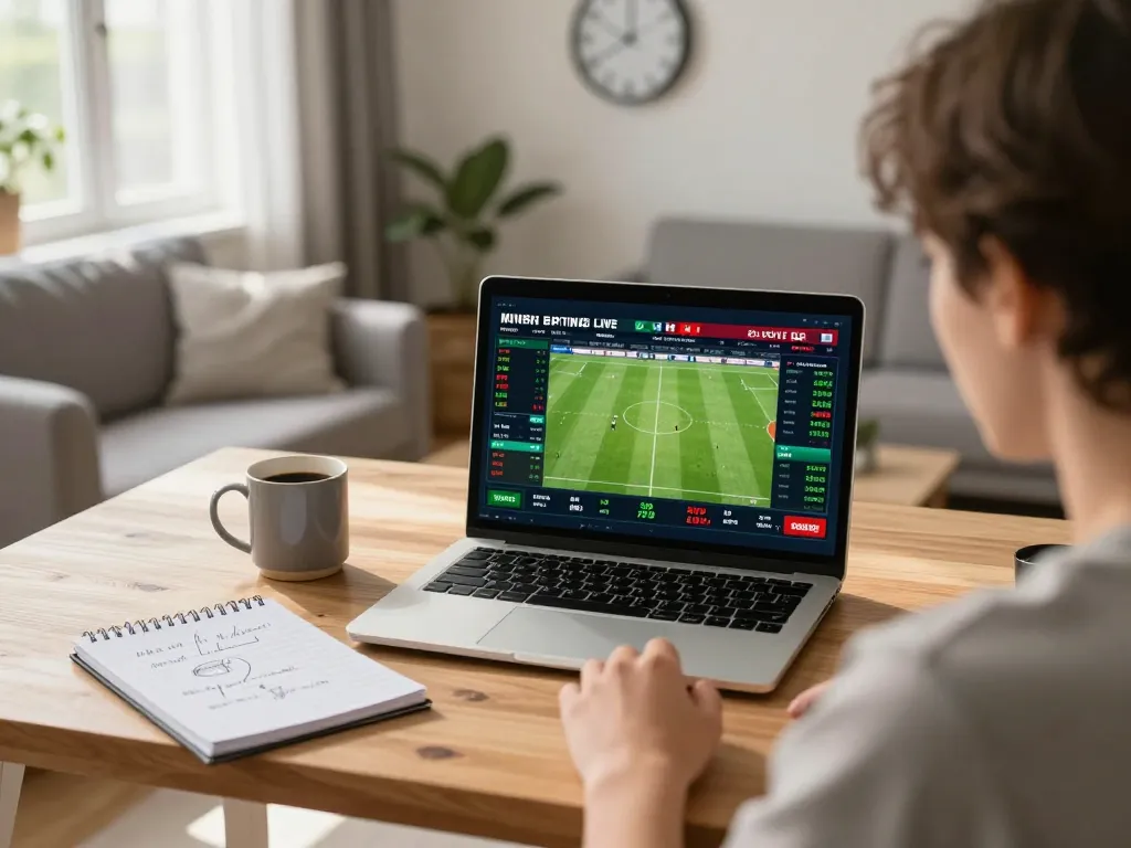 Thrilling moment of KÈO TRỰC TUYẾN as a person focuses on live sports betting odds from home.