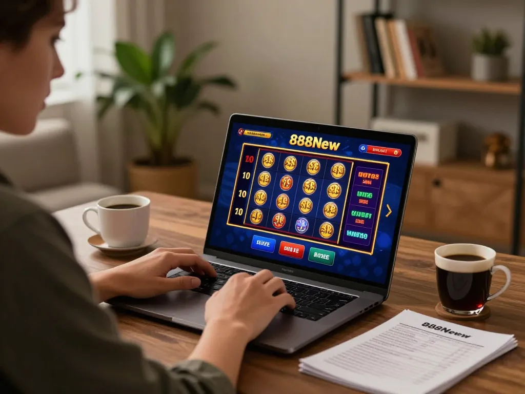 Engaging with online 888New casino games in a cozy home office setup.