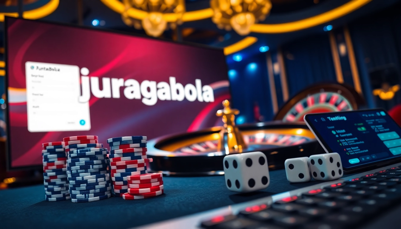 juraganbola platform showcasing strategic poker chip stacking and live sportsbook betting slip in vibrant online casino setup