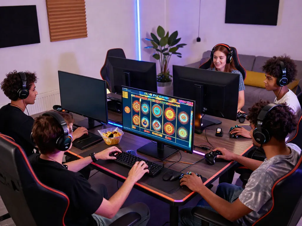 Exciting friends playing slot games in a vibrant gaming room.